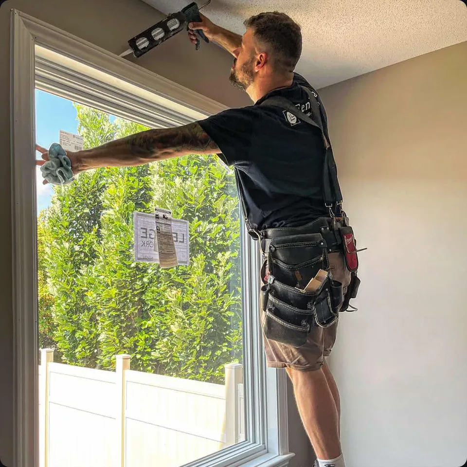 Alexandre working around a large white-framed window indoors.