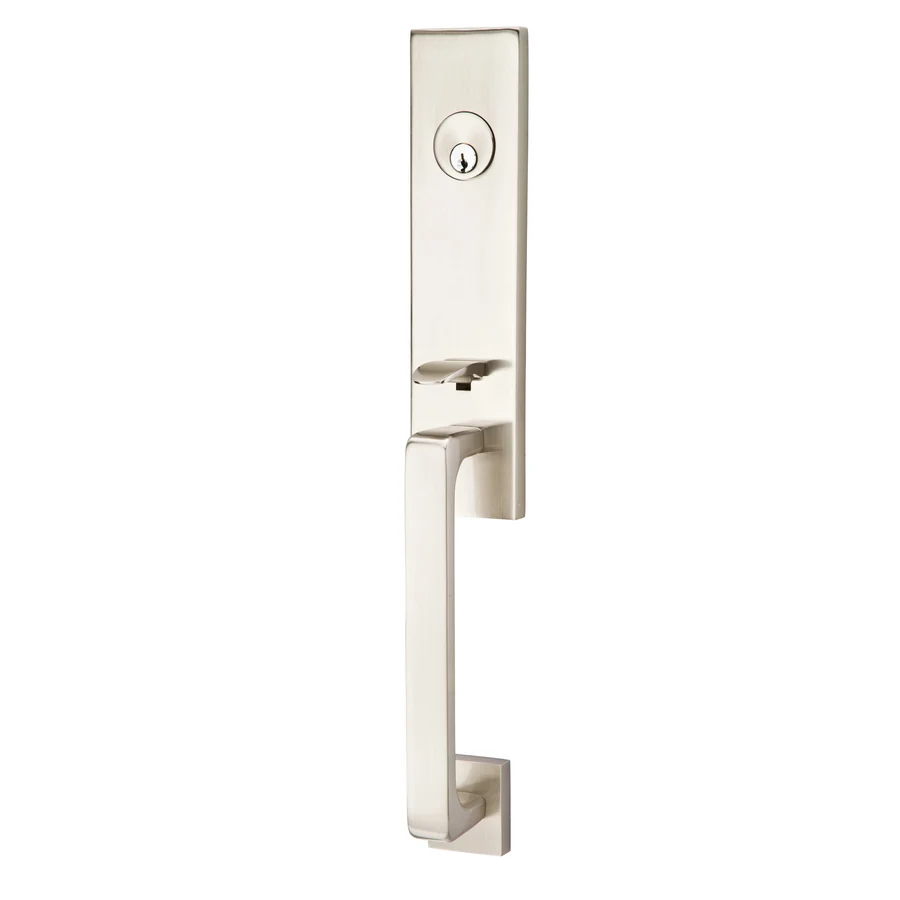 Emtek Davos entry handle in satin nickel, exterior view