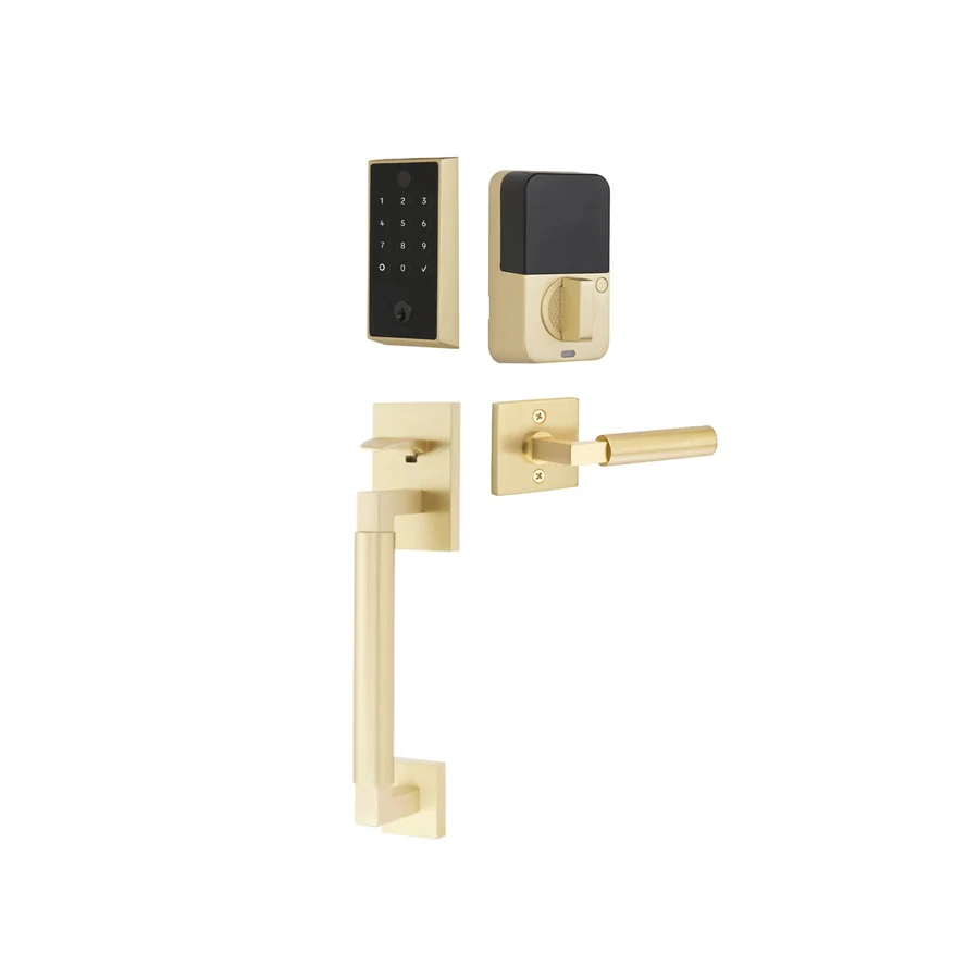 Emtek EMPowered 2 keyed entry set with smooth Hercules grip in satin brass, exterior and interior components