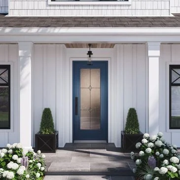 Blue door with a tall decorative glass panel beneath a white porch.