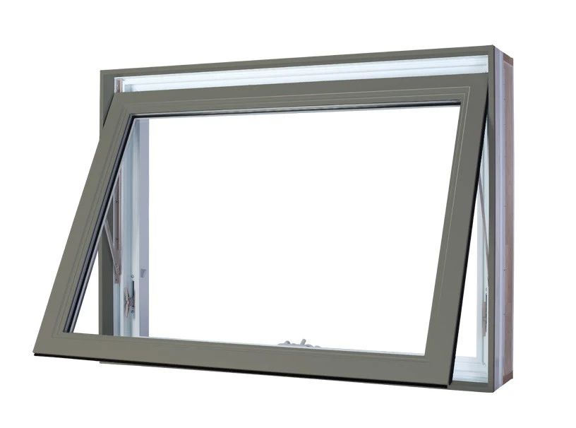 Fenêtre Vaillancourt à auvent en PVC de couleur, ouverte par le bas vers l’extérieur.