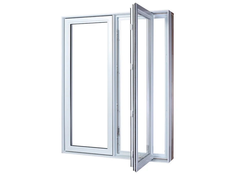 Fenêtre Vaillancourt à battant en PVC blanc, à deux sections, avec un volet ouvert vers l’extérieur.