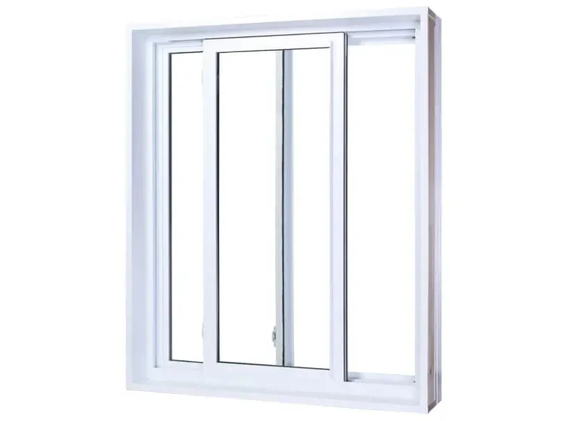 Fenêtre Vaillancourt coulissante en PVC blanc, avec un volet déplacé horizontalement.